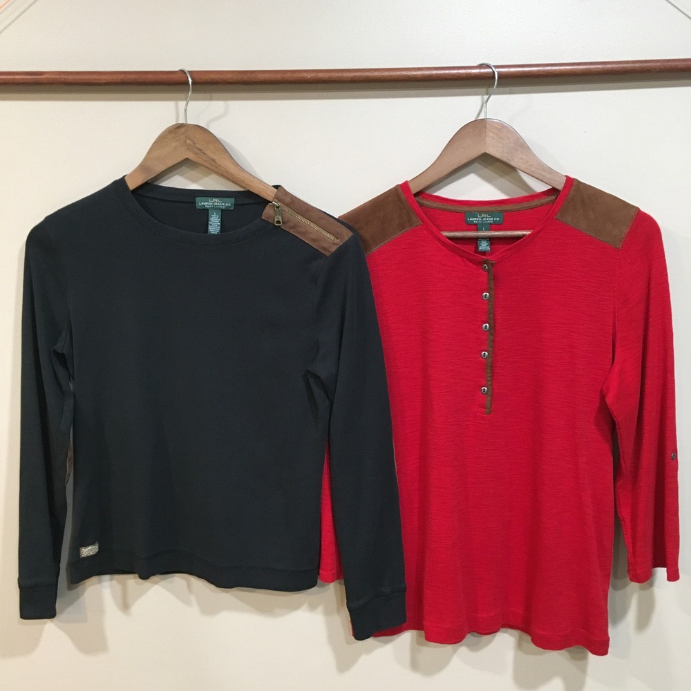 Lauren Ralph Lauren Long Sleeve Top Bundle Womens L Red Black Suede Equestrian